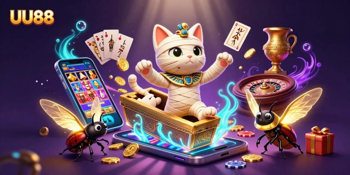 UU88 presents an exhilarating scene with a mummy cat and glowing scarab amidst casino elements.