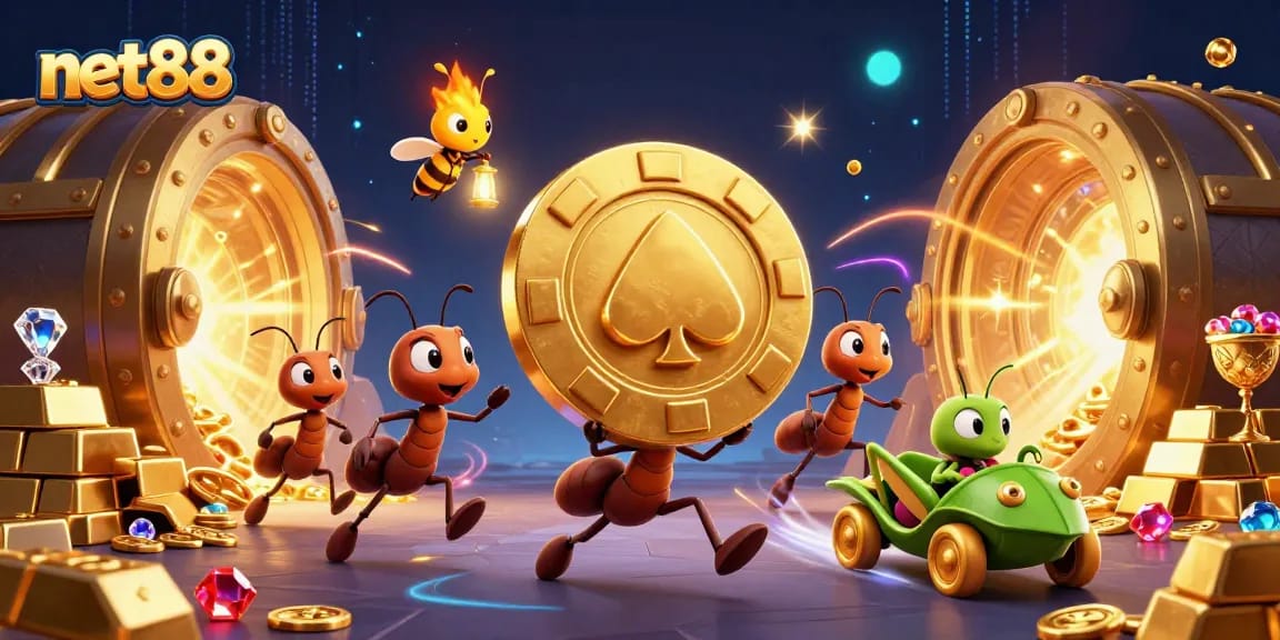 Engaging net88 scene where cartoon ants execute a high-stakes poker heist amid treasure and energy