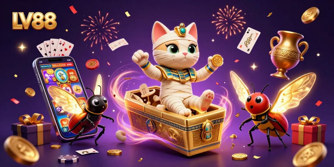 Engage with LV88's thrilling slots featuring a mummy cat and scarab, bursting with excitement!