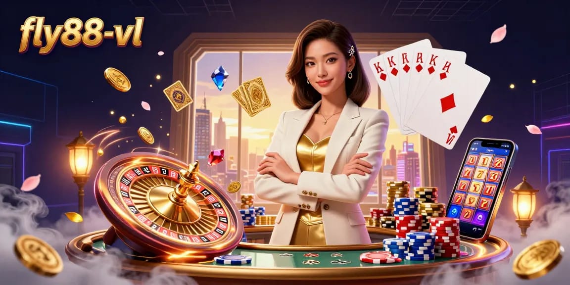 Play exciting casino games with fly88-vl, showcasing a professional Asian woman holding cards, vibrant chips, and roulette elements.