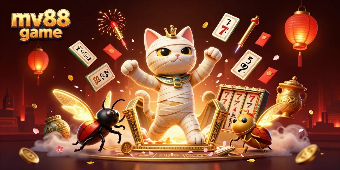 Play the exciting mv88 game with thrilling Egyptian-themed characters in a vibrant casino scene.