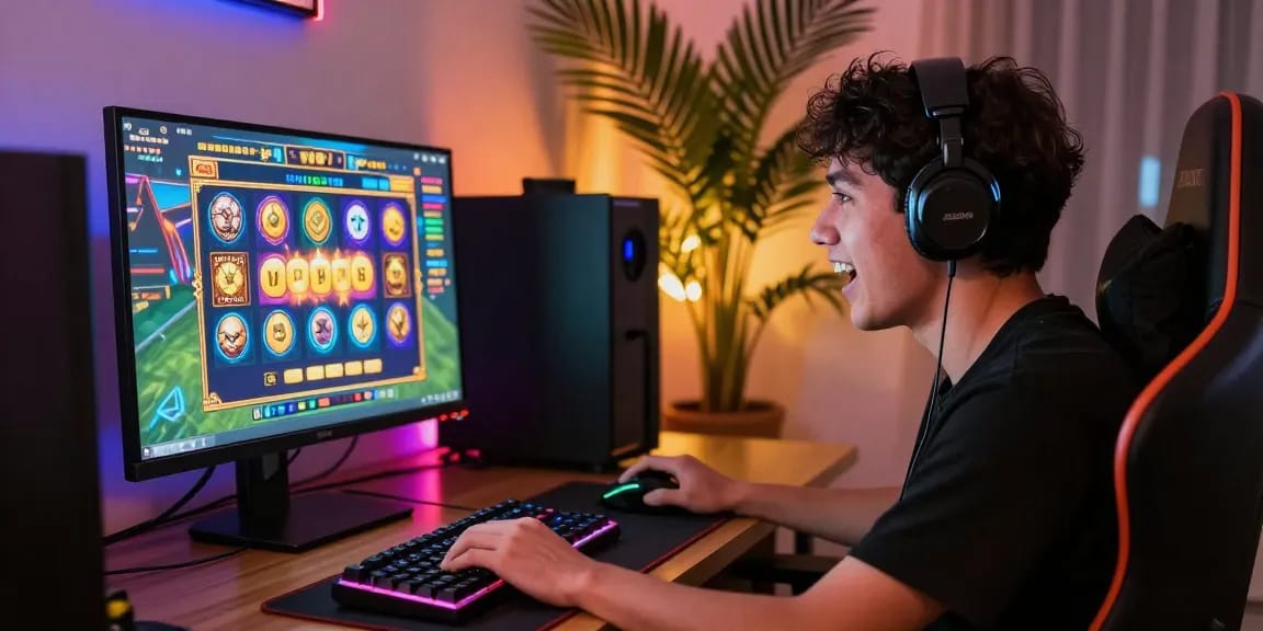 Excited gamer playing online slot games in a vibrant, cozy setup.