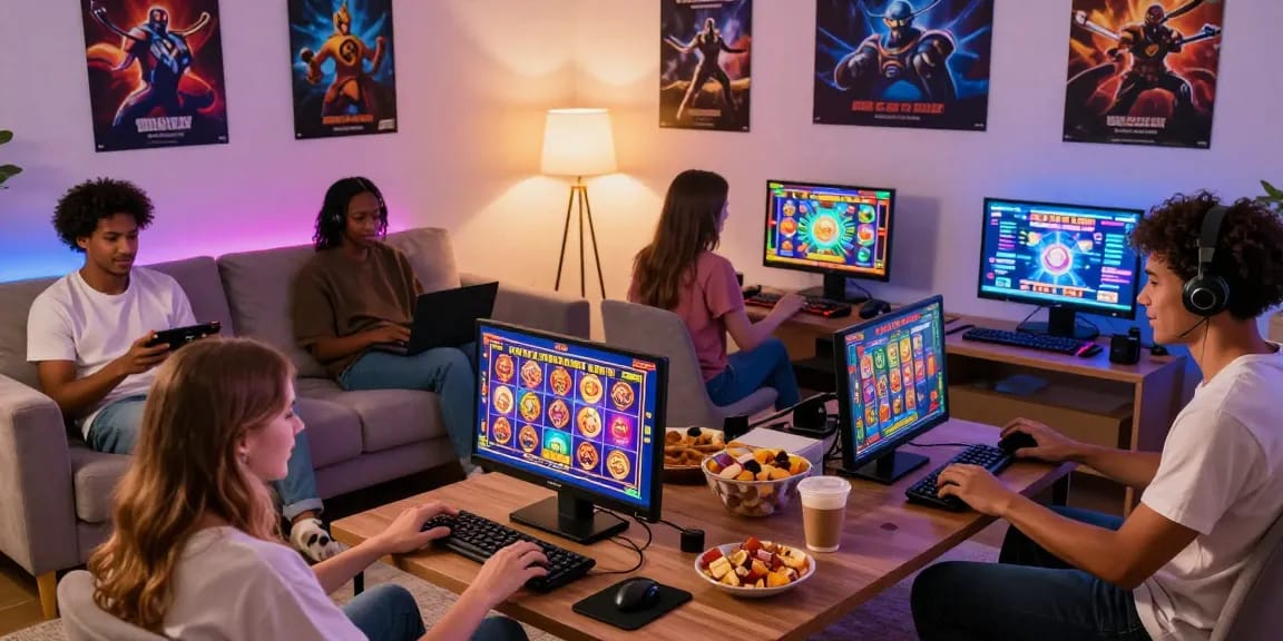 Thrilled gamers enjoying situs slot deposit 10 ribu experience in a cozy living room filled with excitement and colorful game graphics.