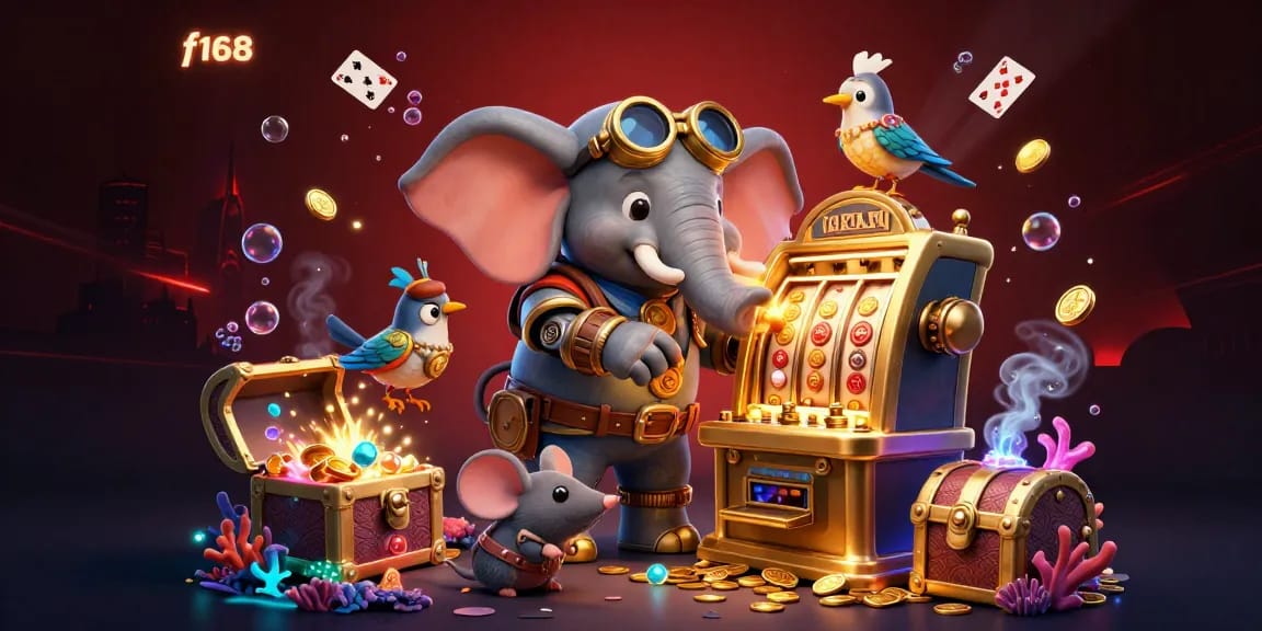 Experience the exciting world of f168 with a steampunk elephant and dynamic slot machine action