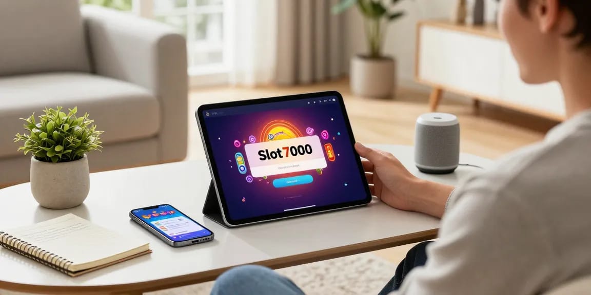 User accessing slot7000 app on tablet in cozy living room