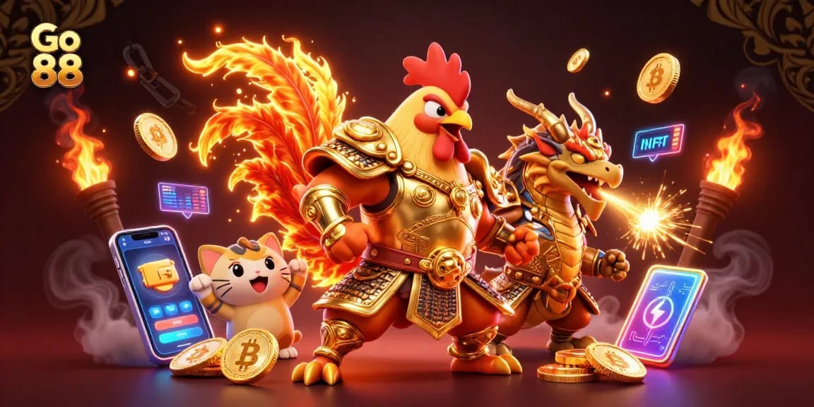 Experience thrilling gameplay with Go 88, featuring a cartoon warrior and dragon with exciting casino elements.