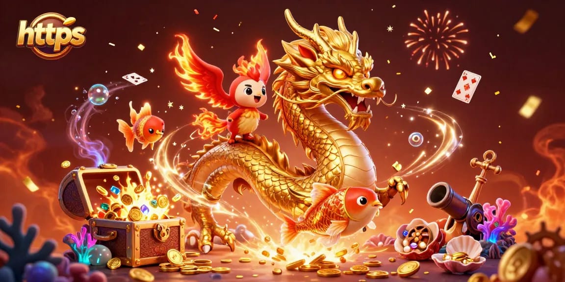 Join the excitement at https with a fierce dragon, phoenix, and koi fish among dazzling casino treasures.