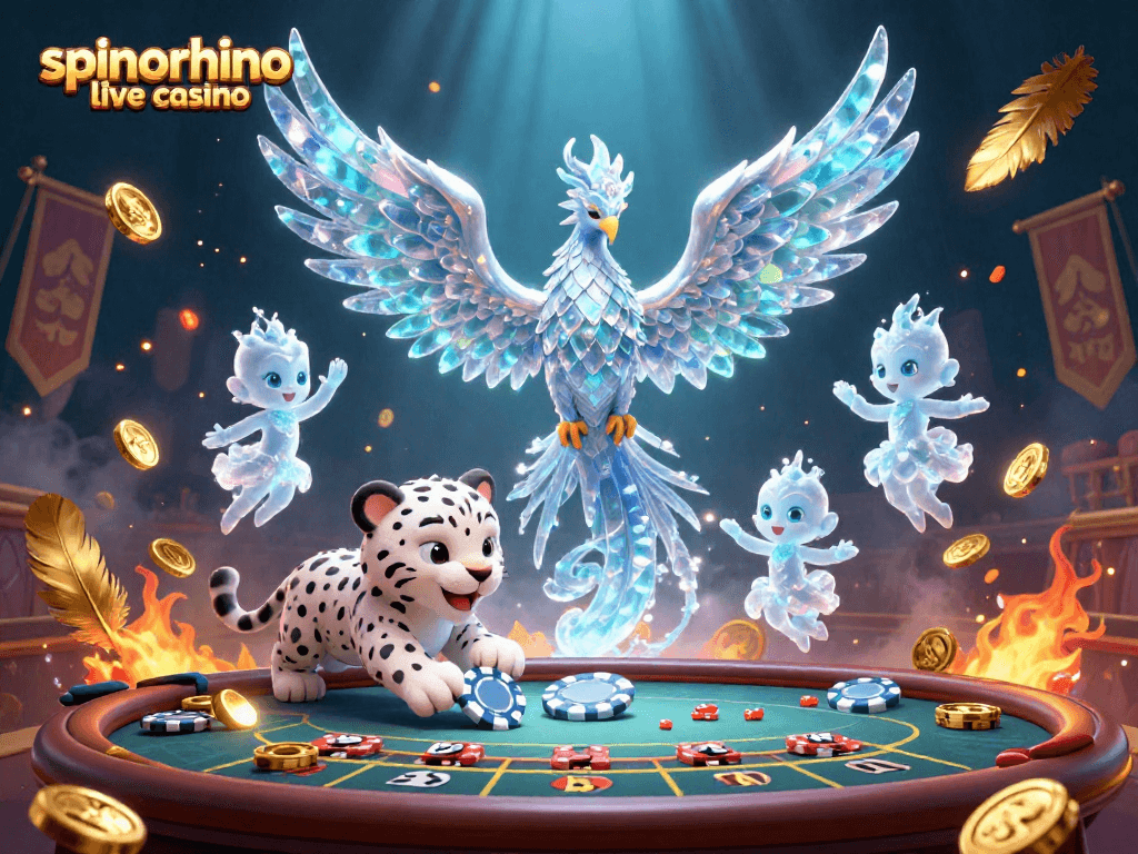 Ervaar de spanning van het spinorhino live casino met een spannende roulettewiel-scène, verlicht door een ijsfeniks.