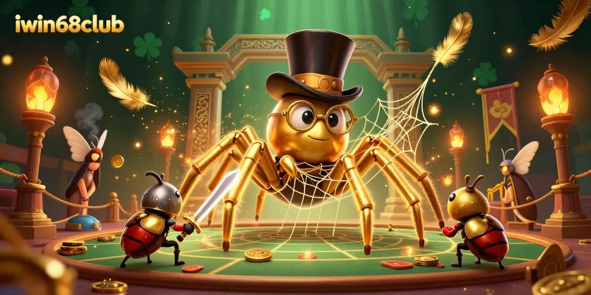 Experience thrilling gameplay at iwin68club with a giant tarantula and beetle knight in a vibrant casino scene.