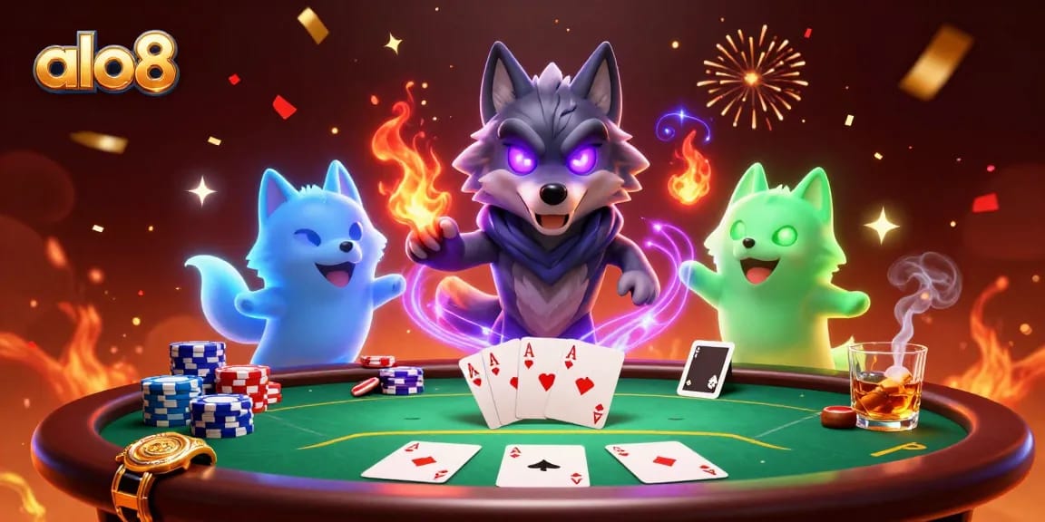 Engage in thrilling excitement at alo8 with a vibrant poker scene showcasing skilled players surrounded by colorful chips and dynamic celebrations.