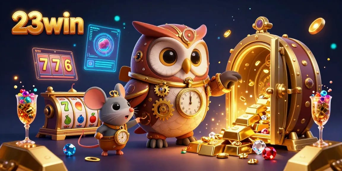 Experience winning moments with 23win's captivating steampunk illustration showcasing a time-traveler owl amidst a vibrant casino.