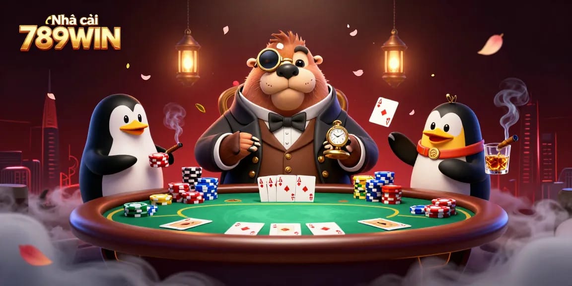 Engage in thrilling gameplay at Nhà cái 789WIN with epic poker showdown featuring a walrus, penguin dealer, and bluffing pufferfish.