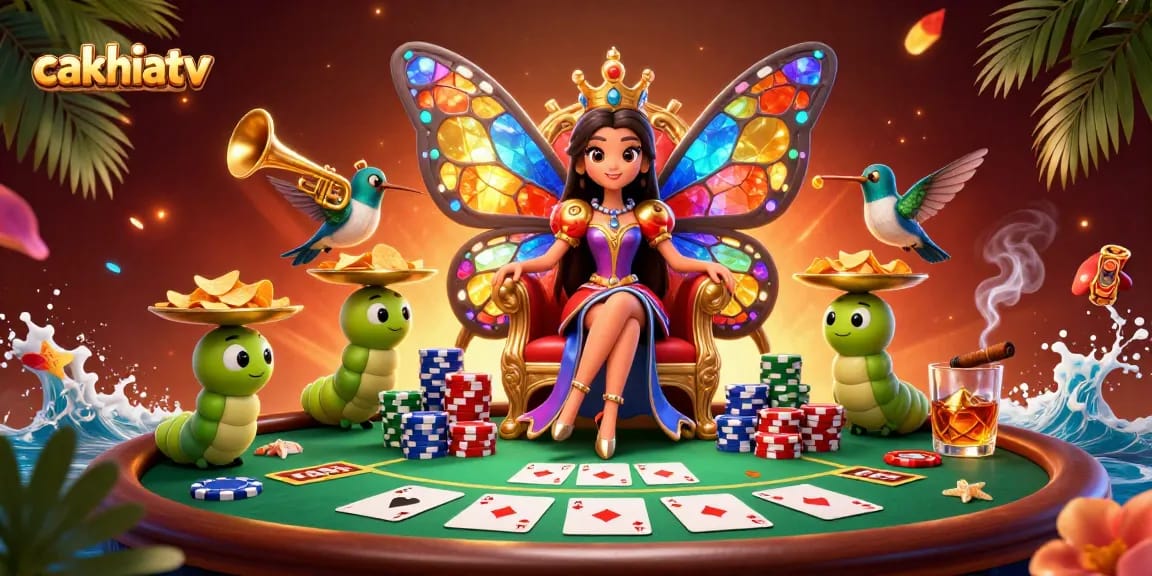 Experience live streaming football on cakhiatv, highlighted with vibrant poker elements and rich illustrations.