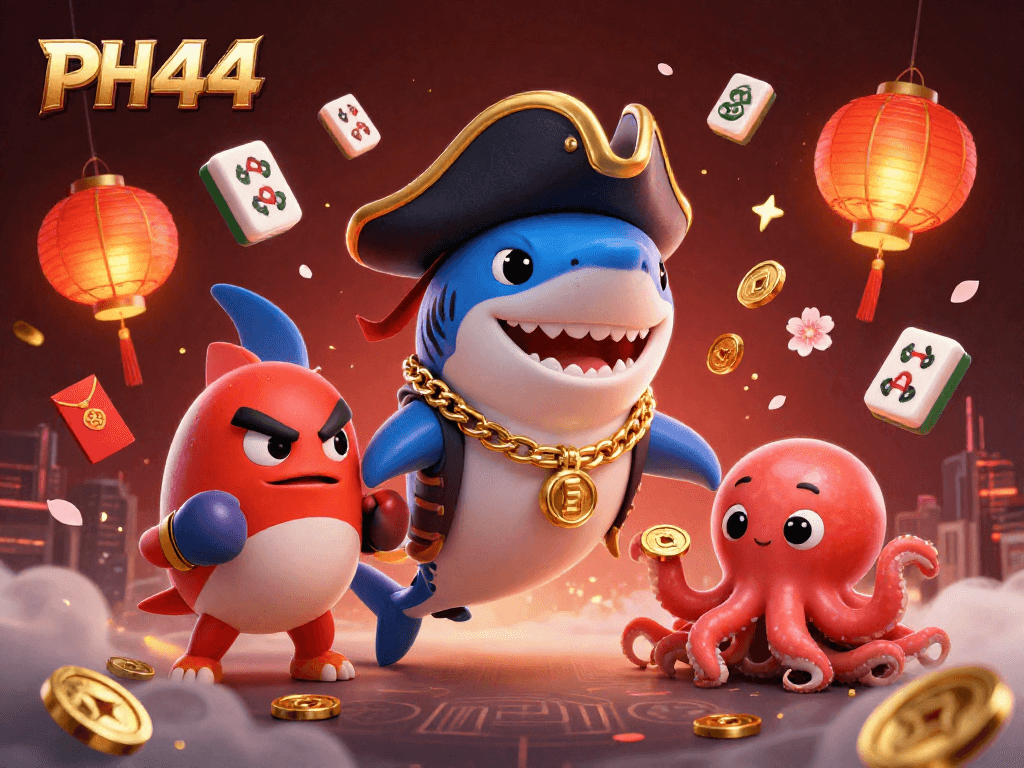 Engage with PH44's exciting gaming environment alongside cartoon characters in a vibrant casino scene.