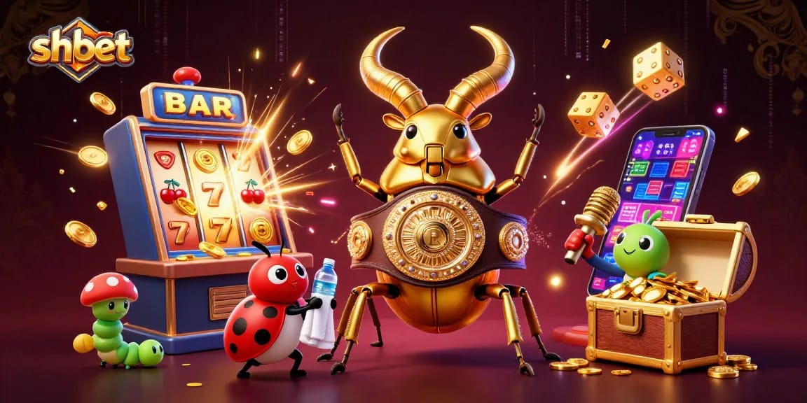 Win at shbet with an exciting 3D casino scene of a golden beetle boxing champion.