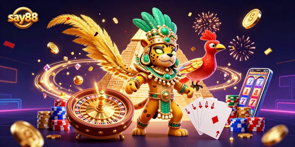 Experience the excitement of say88 with vibrant 3D illustration featuring casino games, golden coins, and dynamic characters.
