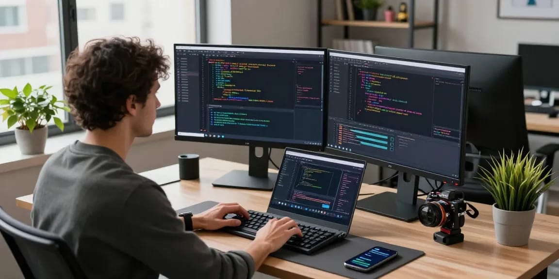 Focused software developer coding with dual monitors in a modern office workspace, illustrating WhatsApp下載 in a tech environment.