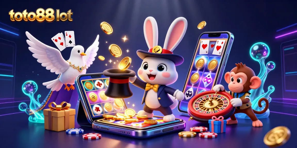 Toto88slot captivates with a vibrant 3D scene featuring a magician rabbit, a dove, and a monkey amidst gold coins and exciting gaming elements.