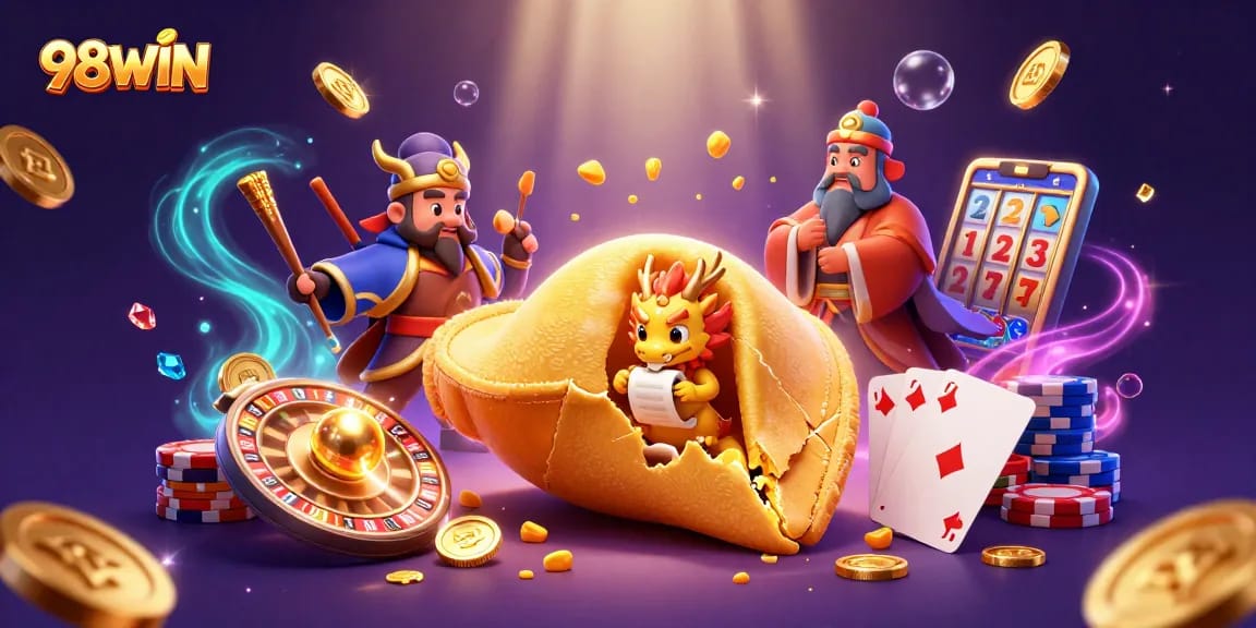 Experience thrilling wins with 98WIN's captivating casino adventures in this vibrant 3D illustration.