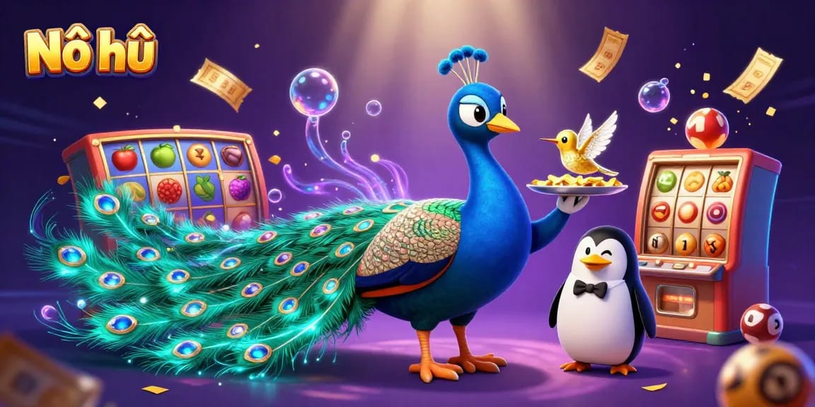 Nổ hũ offers an exhilarating casino experience featuring a colorful peacock, golden chips, and vibrant slot elements.