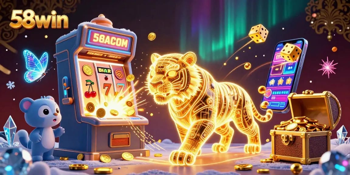 Experience exhilarating wins at 58win with a vibrant casino scene featuring a jackpot explosion and lively characters.