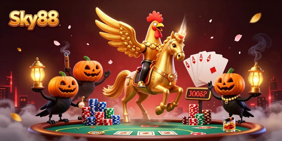 Experience thrilling gaming action at Sky88 with a golden rooster riding in a vibrant casino scene.