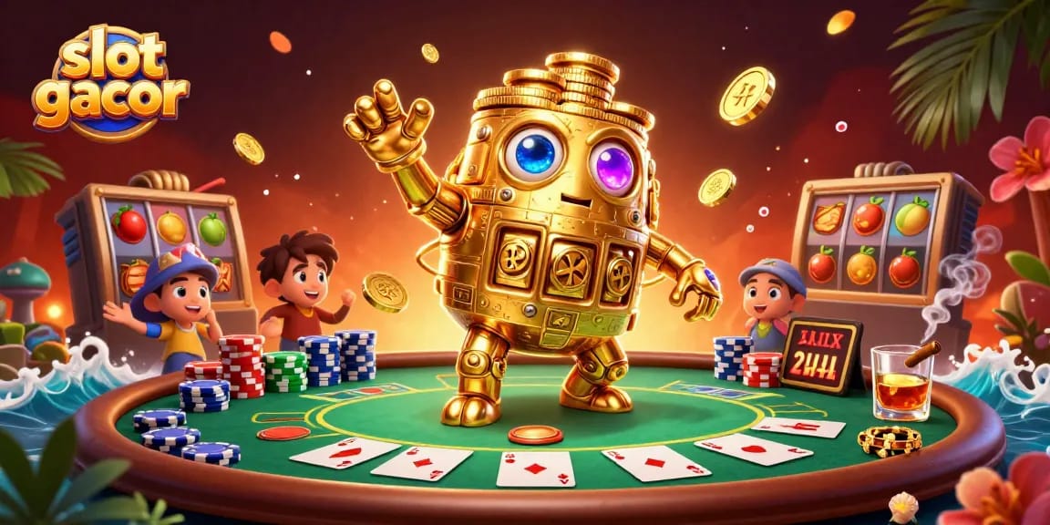 Experience slot gacor magic in this vibrant illustration with golden golem, poker elements and dynamic gaming details.
