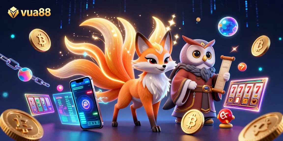 Experience the vibrant world of vua88 with a mystical fox spirit and wise owl sage amid a dynamic casino scene.