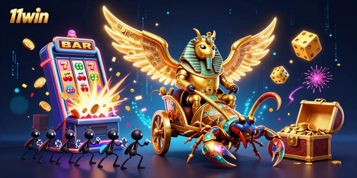 Experience the exciting world of 11win with captivating casino symbols and dynamic characters.