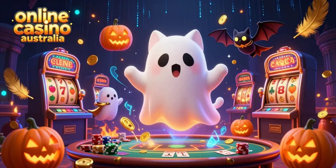 Experience thrills in online casino Australia with a ghost cat and vampire bat in a haunted casino.