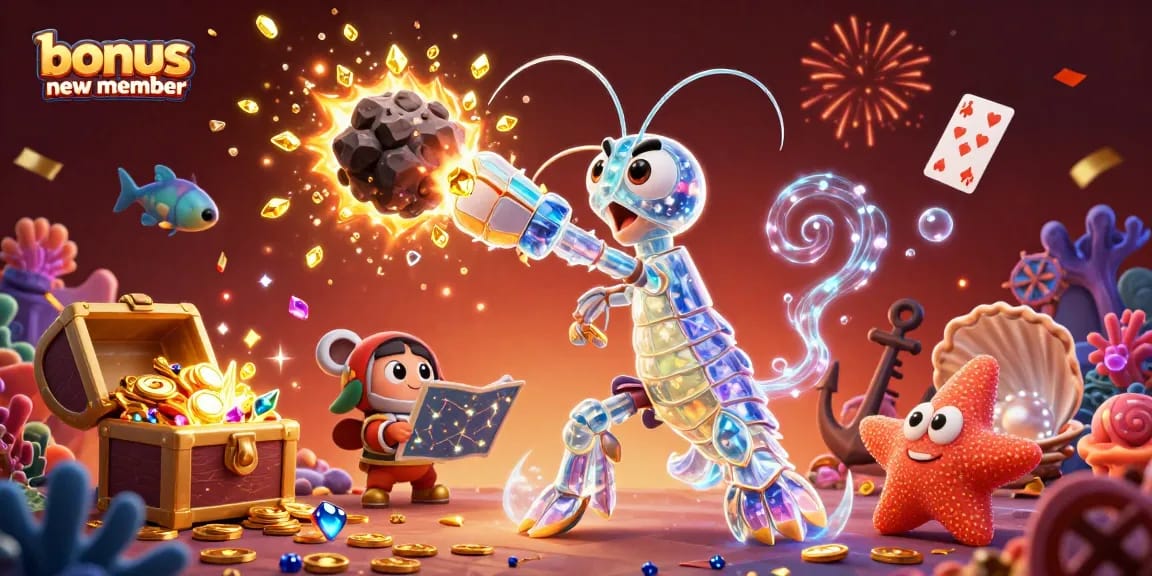 Activate your bonus new member opportunity with a lively illustration of gems, treasures, and casino thrill.