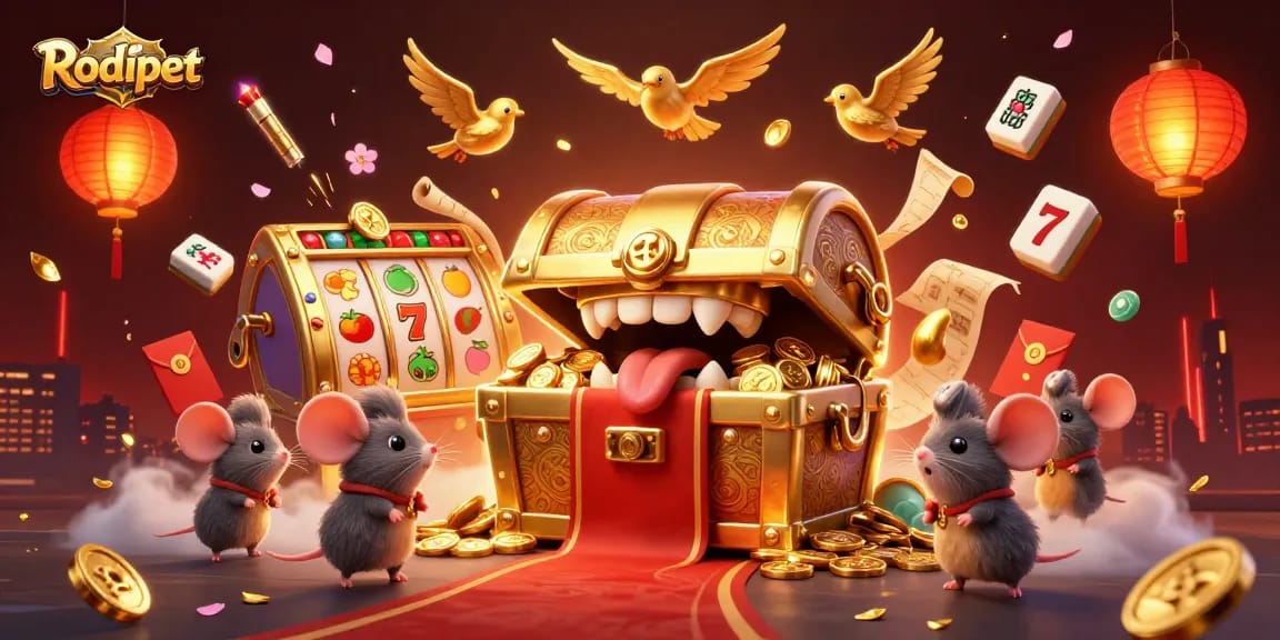 Experience Rodipet's vibrant casino-themed treasures with adventurer mice amidst slot reels and cherry blossoms.