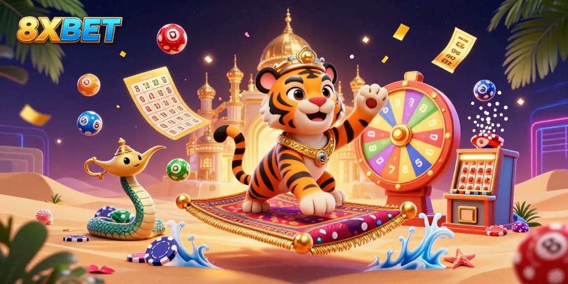 Engage with 8XBET's vibrant casino adventures in this colorful lottery-themed scene of excitement.
