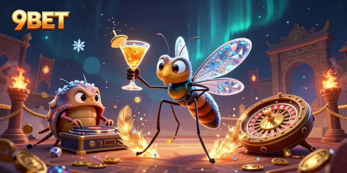 Experience the excitement of 9BET with this vibrant casino-themed illustration showcasing dynamic characters and elements.
