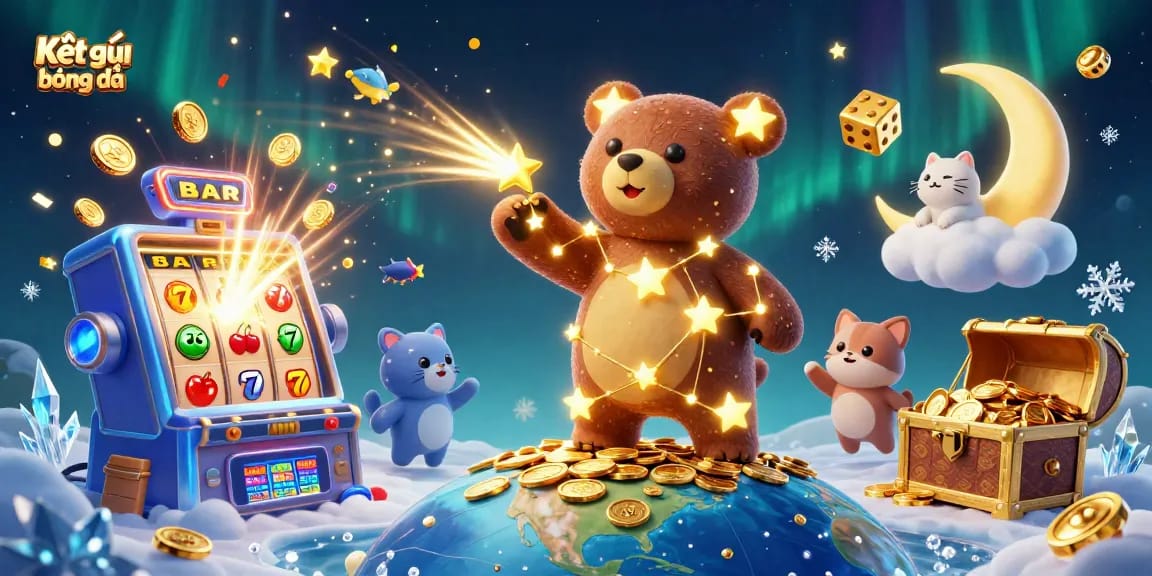 Kết quả bóng đá visualizes a casino scene with a constellation bear and vibrant slots bursting coins