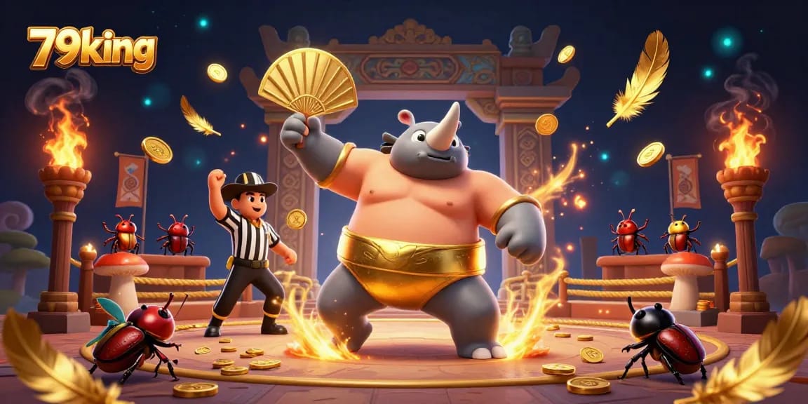 Experience thrilling gameplay at 79king as a sumo beetle champion crushes coins in an epic casino scene