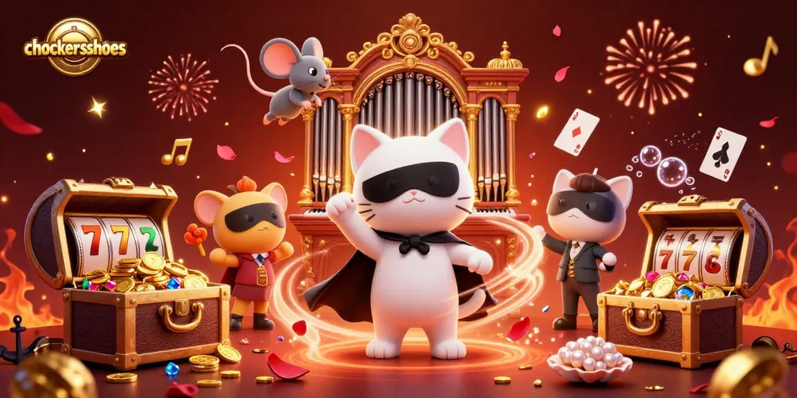 Play slots with chockersshoes in a vibrant casino scene filled with gold coins and musical notes.