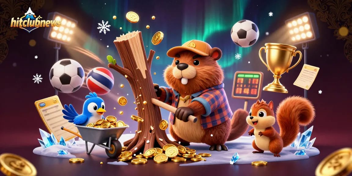 Experience hitclubnews with a lively 3D cartoon scene showcasing a beaver collecting coins in a gambling-themed environment.