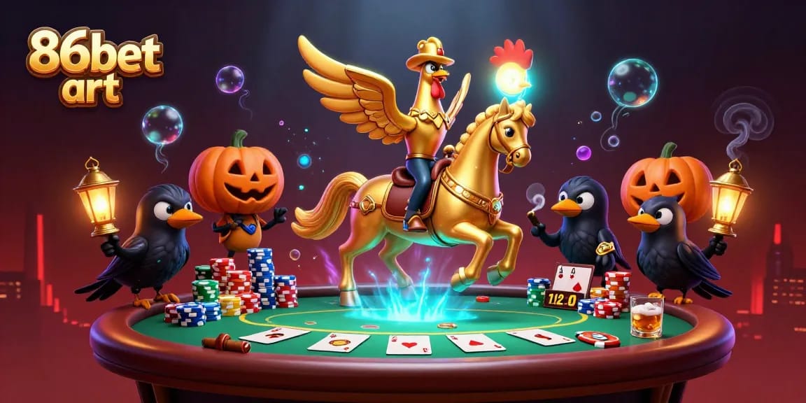 Engage with winning strategies at 86bet art, showcasing a golden rooster in a casino packed with poker excitement.