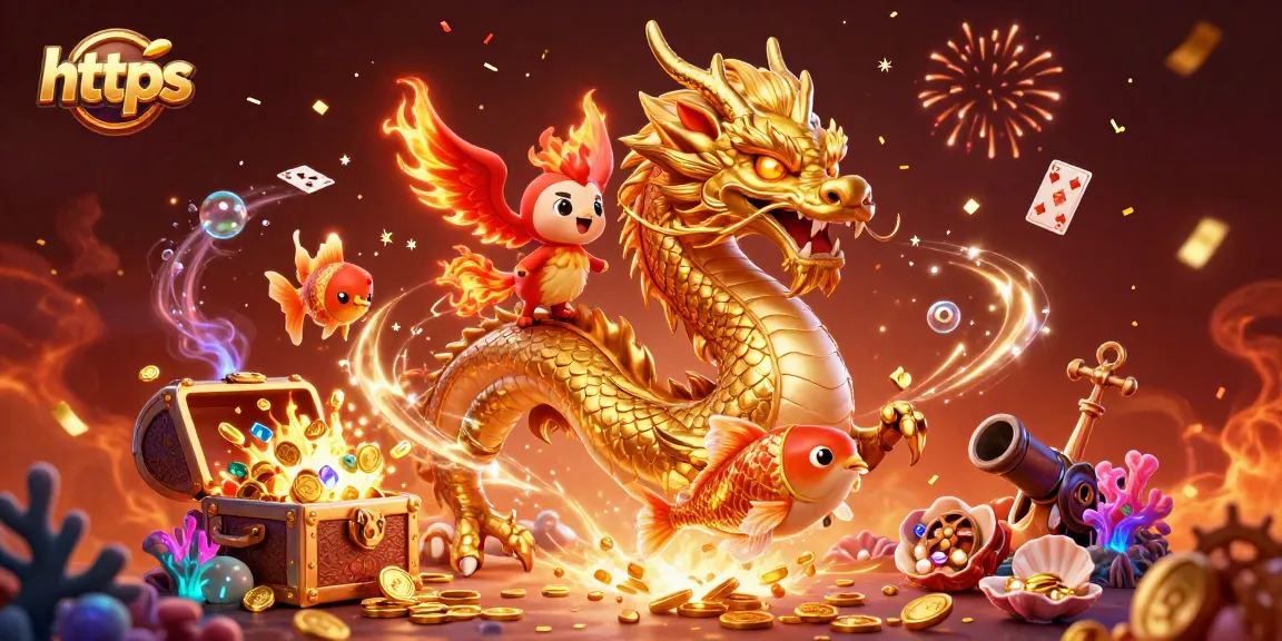 Join the excitement at https with a fierce dragon, phoenix, and koi fish among dazzling casino treasures.