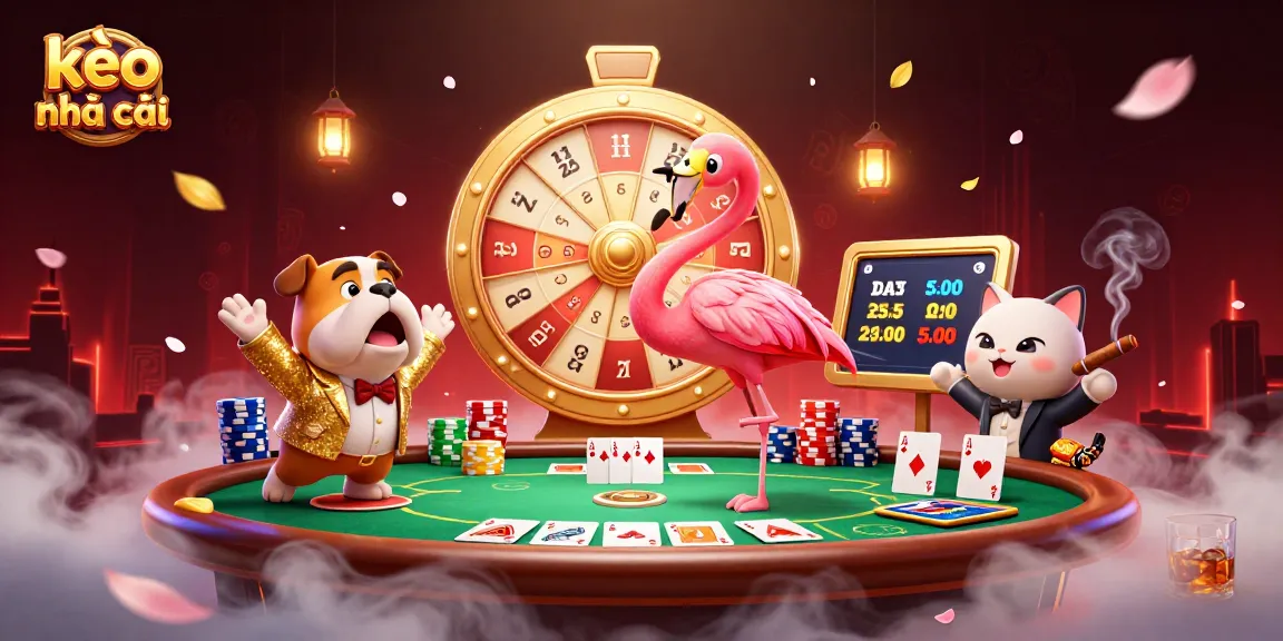Engage with kèo nhà cái as cartoon characters celebrate wagering excitement with poker elements.