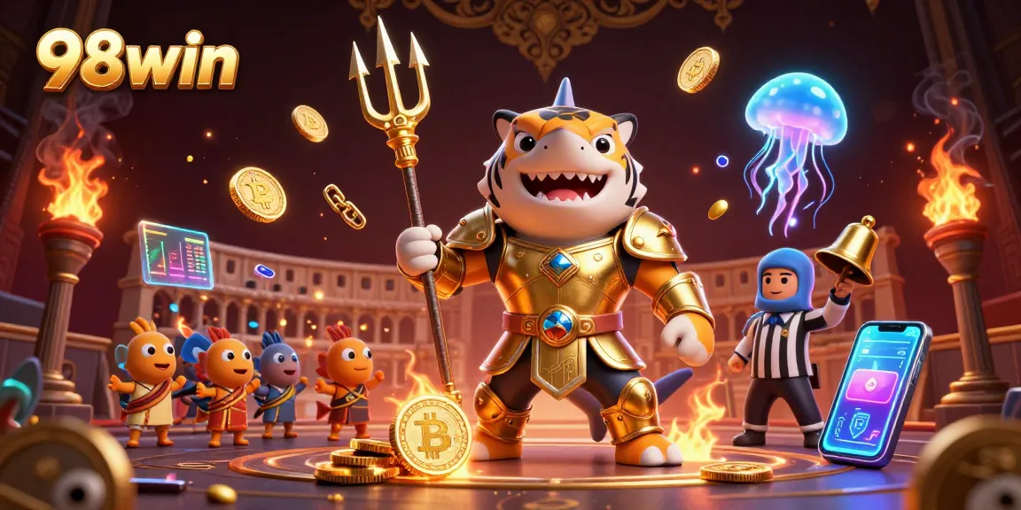 Engage in thrilling action with 98win, featuring a tiger shark in golden armor amidst a vibrant underwater casino scene.