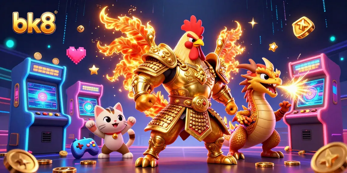 Engage in thrilling bk8 action as a golden armored rooster warrior and dragon unleash fiery sparks in a vibrant casino setting.