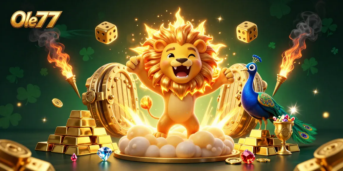 Experience thrilling moments at Ole777 with a majestic lion and golden dice in an exciting 3D casino scene.