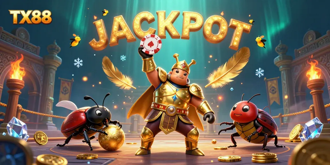 TX88 brings excitement with a victorious beetle lifting a poker chip in a dynamic online casino scene
