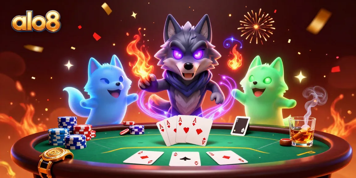 Engage in thrilling excitement at alo8 with a vibrant poker scene showcasing skilled players surrounded by colorful chips and dynamic celebrations.