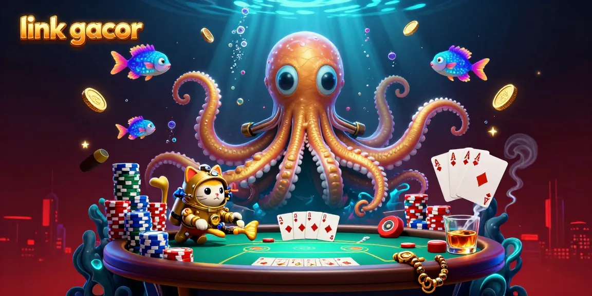 Engage with link gacor while experiencing a vibrant underwater scene with a kraken, diving cat, and poker elements.