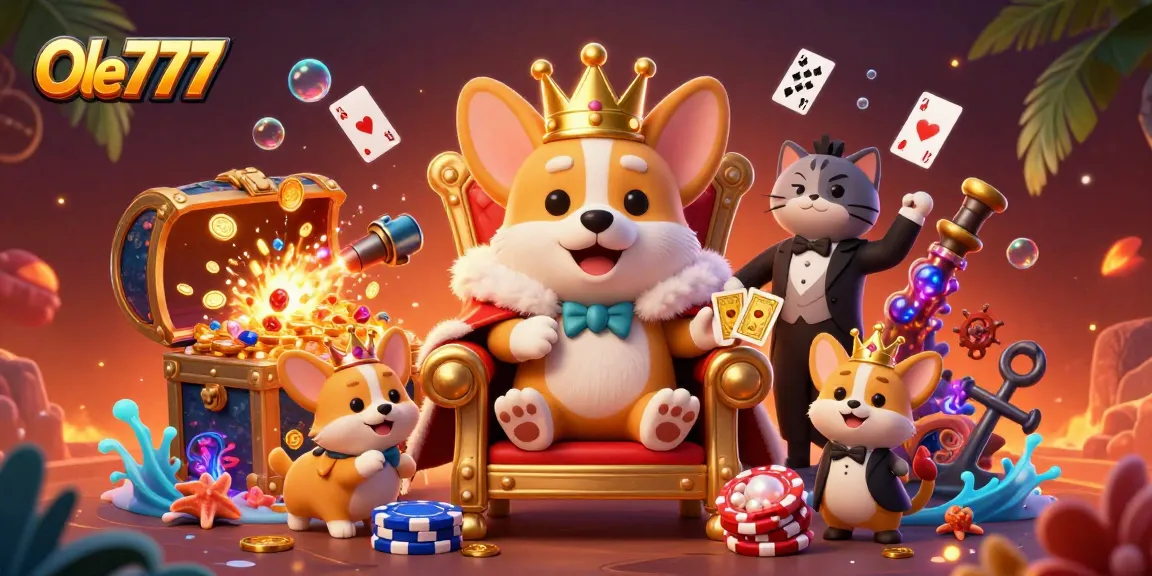 Experience thrilling play at Ole777 with a royal corgi on a poker chip throne amidst vibrant casino elements.