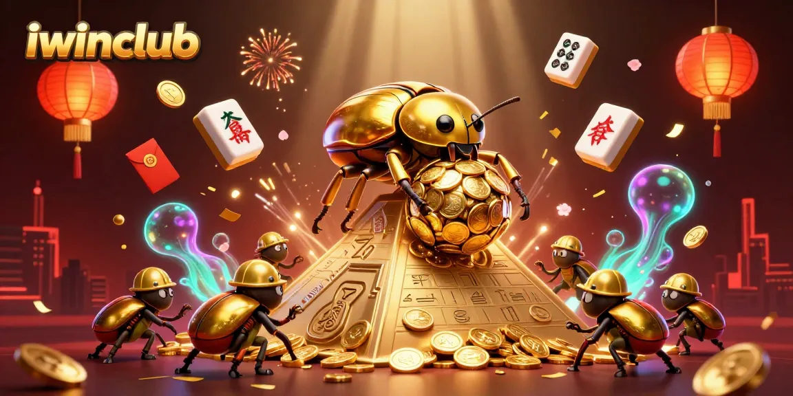 Experience excitement at iwinclub with a golden dung beetle rolling coins in a vibrant casino scene.