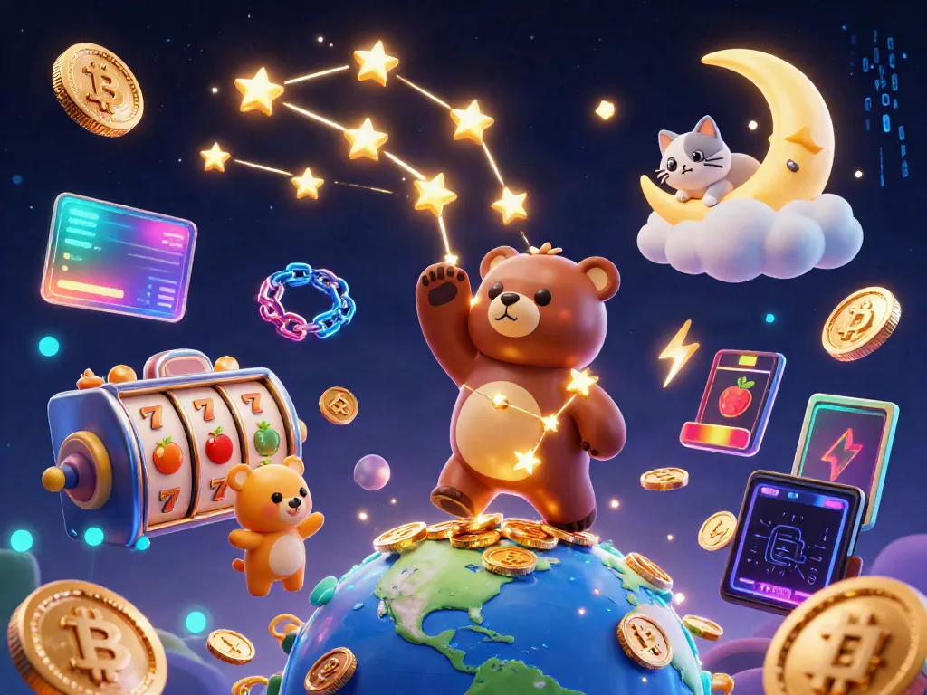 Experience slot gaming magic with vibrant stars, jackpot reels, and cryptocurrency elements in this colorful illustration.